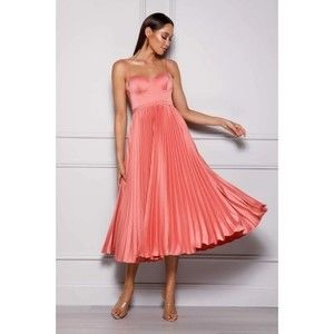Elle Zeitoune Milan Pleat Corset Satin Gown M Melon Pink